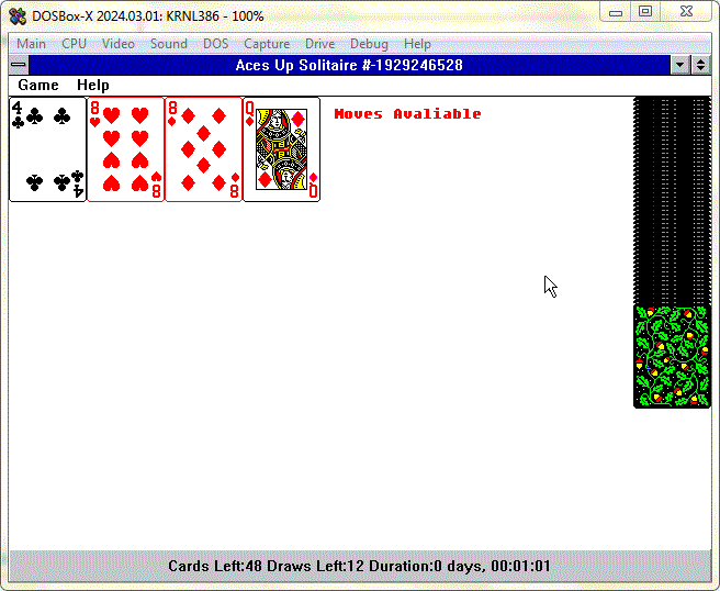 Aces Up Solitaire ScreenShot On Windows 3.1 in dosbox-x